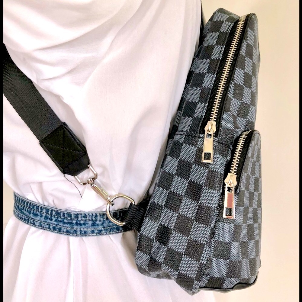 sling style backpack bag classic black and denim blue check pattern 2 Pockets